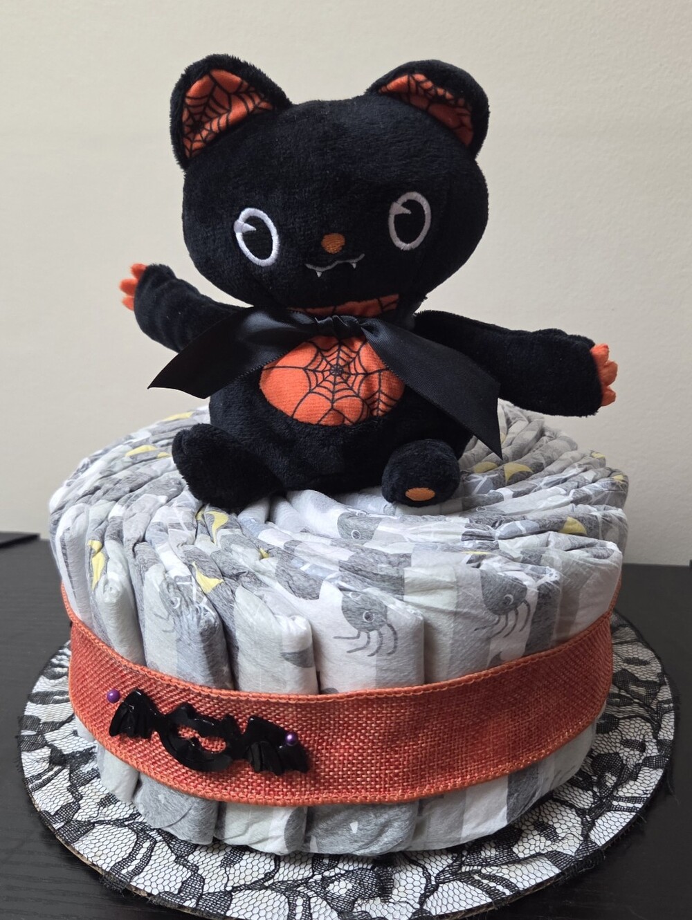 Halloween Black & Orange Plush Cat Diaper Cake